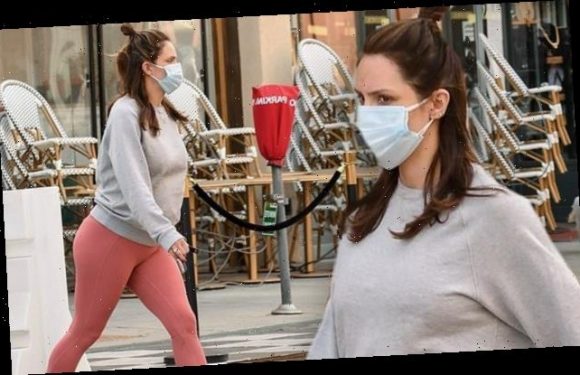 Pregnant Katharine McPhee dresses in gray sweatshirt and pink leggings