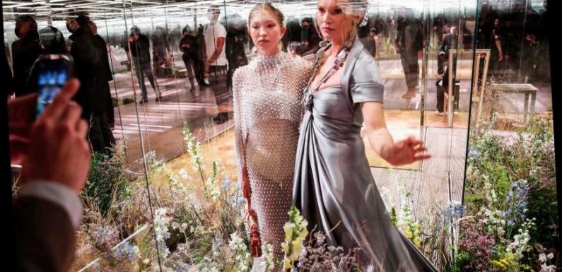 Kate Moss, 47, and daughter Lila, 18, walk the catwalk in shimmering gowns in Paris