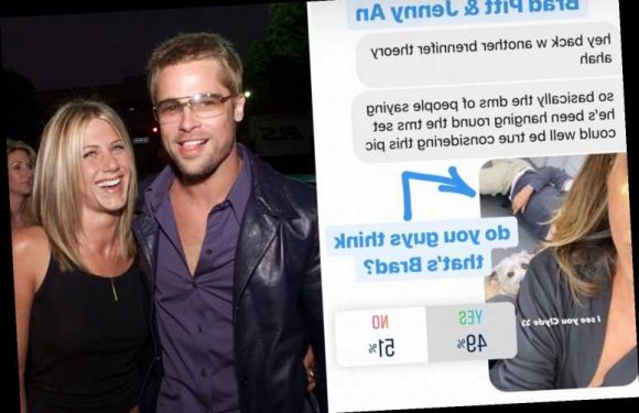 Jennifer Aniston fans are convinced they've spotted Brad Pitt in the back of her selfie as they 'film on the same set'