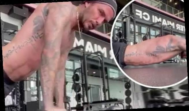 Shirtless David Beckham, 45, shows off his VERY hunky frame