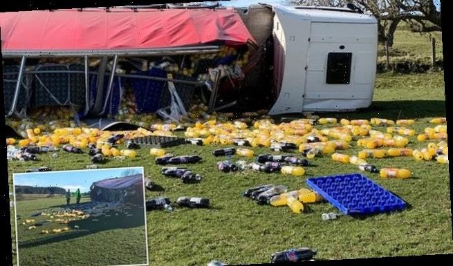 Lorry crash spills thousands of bottles of Fanta into farmer's field