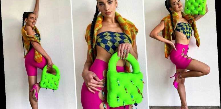 Dua Lipa embraces clashing colours in a skintight get-up at a Vogue photoshoot