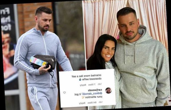 Katie Price's boyfriend Carl Woods hits back at troll who called him 'embarrassing' after pregnancy test pic