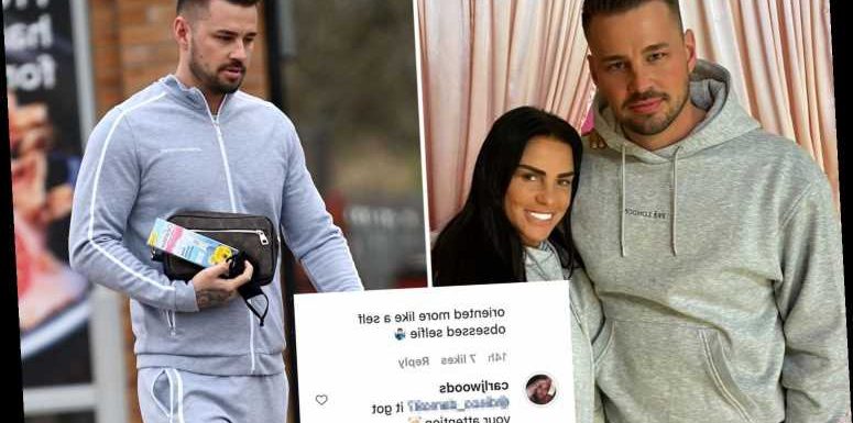 Katie Price's boyfriend Carl Woods hits back at troll who called him 'embarrassing' after pregnancy test pic