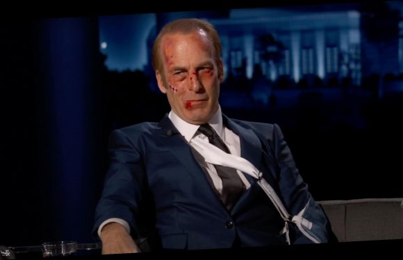 Bob Odenkirk Arrives All Bruised Up as His Nobody Character on Jimmy Kimmel Live!
