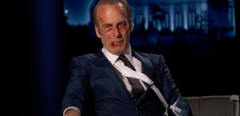 Bob Odenkirk Arrives All Bruised Up as His Nobody Character on Jimmy Kimmel Live!