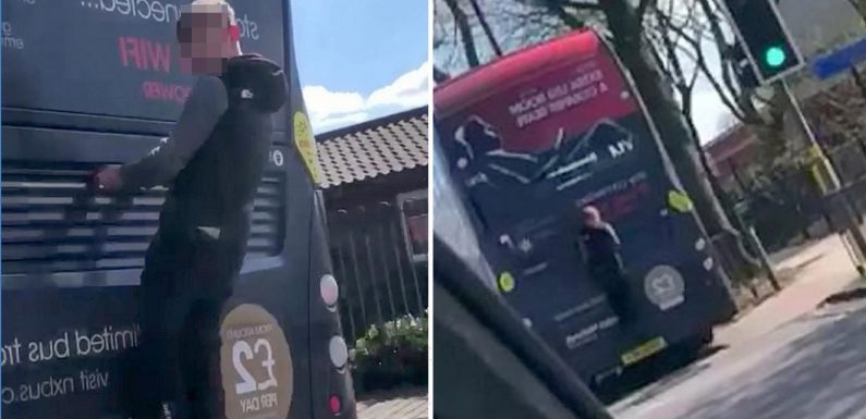 Idiot risks his life by clinging to the back of a bus doing 30mph