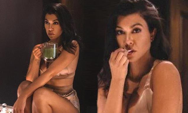 Kourtney Kardashian models satin bra and matching shorts for POOSH