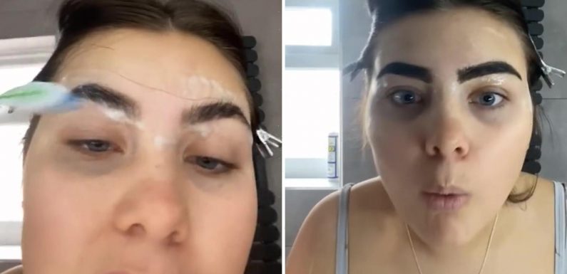 Mortified woman resorts to scrubbing her super-dark eyebrows with a TOOTHBRUSH after falling asleep with brow tint on
