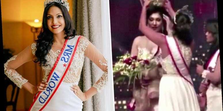 Former Mrs World arrested for grabbing crown from rival’s head on stage after claiming ‘divorcees’ shouldn’t win title