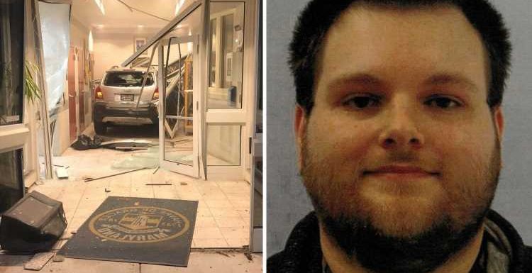 Driver 'smashes car into police station and tries to run over cops after threatening to kill police officer'
