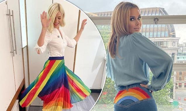 Amanda Holden puts on a cheeky display in rainbow patterned jeans