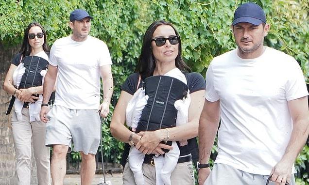 Christine and Frank Lampard enjoy a sunny dog walk with their baby son