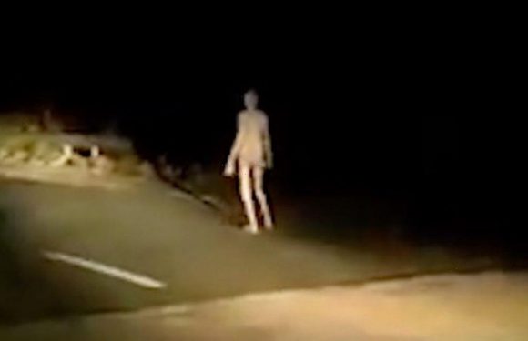 Creepy ‘alien’ figure with long limbs walks along bridge at dead of night