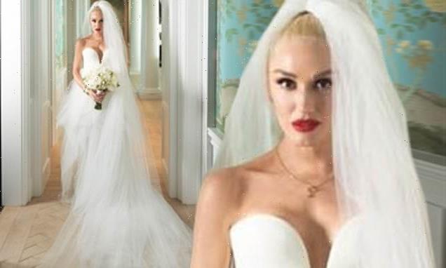 Gwen Stefani shows off her wedding dress and handmade veil