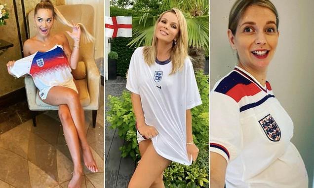 Rita Ora covers her modesty with just an England shirt