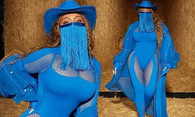 Beyonce models royal blue for latest  Ivy Park Rodeo Collection