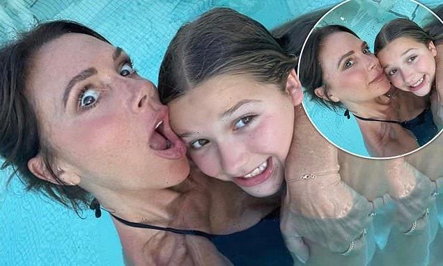 Bikini-clad Victoria Beckham cuddles up to her daughter Harper