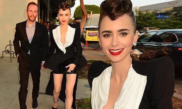 Lily Collins  is a leggy wonder in  plunging blazer and NO SLACKS