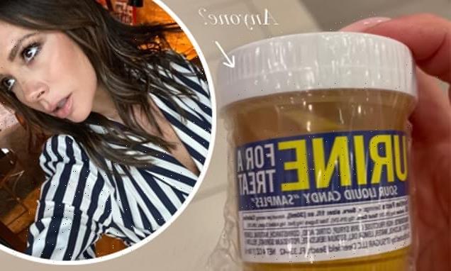 Victoria Beckham sips on candy 'URINE' sample as a 'treat'