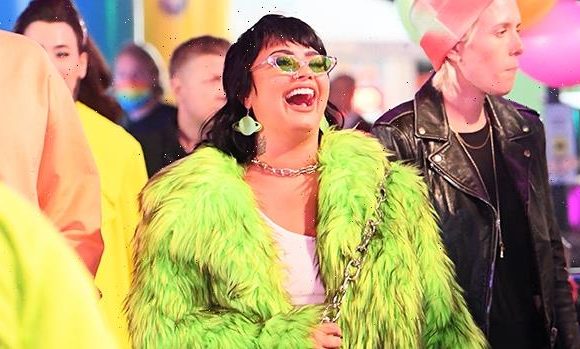 Demi Lovato Channels ‘Monsters Inc’ In Green Fur Jacket For Paris Hilton’s Post-Wedding Carnival