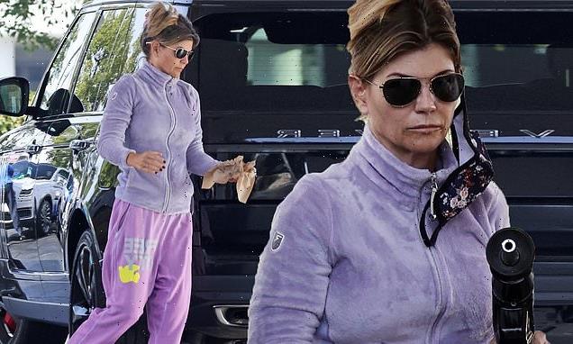 Lori Loughlin goes casual in a lavender tracksuit at a gas station