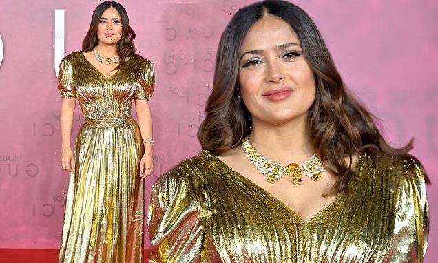 Salma Hayek looks elegant in a gold gown at House Of Gucci premiere