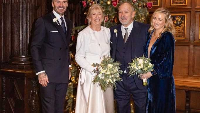 Best man David Beckham beams beside his newlywed dad Ted and millionaire bride Hilary Meredith at intimate wedding