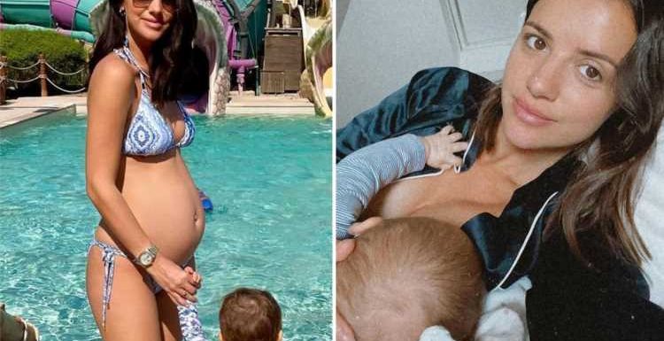 Lucy Mecklenburgh shows off growing baby bump at a waterpark on family holiday to Abu Dhabi