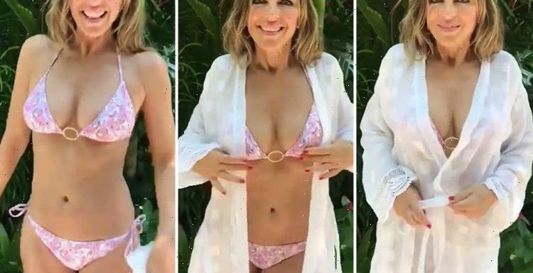 Elizabeth Hurley treats fans to sexy striptease in pink bikini