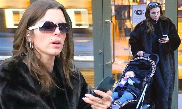 Julia Fox sports fur coat in New York with one-year-old son Valentino