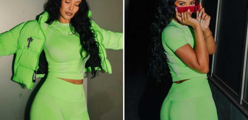 Maya Jama shows off her peachy behind in matching lime-green top and cycling shorts