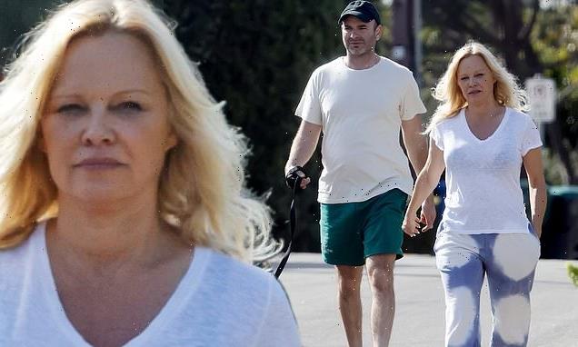Pamela Anderson and husband Dan Hayhurst go on walk with dog in Malibu