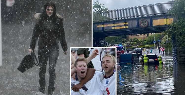 UK Weather – Brits to endure MORE rain but showers will clear for England’s clash with Denmark as temperatures hit 21C