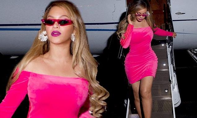 Beyonce is a pink dream as she exits private jet