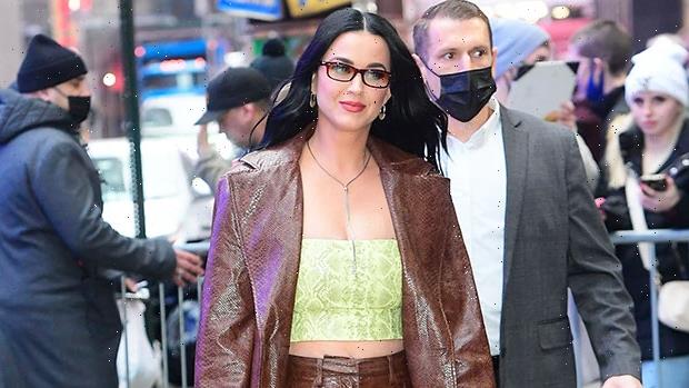 Katy Perry Brings Back The 90’s In Yellow Crop Top & Snakeskin Leather Suit For ‘GMA’