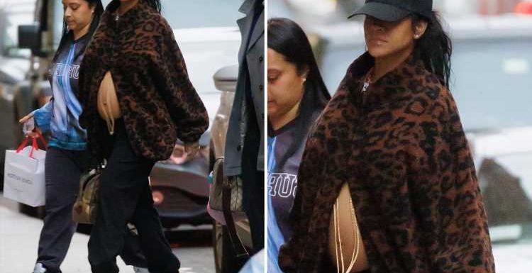 Pregnant Rihanna shows off her bare baby bump in open leopard fur coat, long necklace and big heels on NYC stroll
