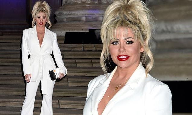 Bianca Gascoigne is a vision in plunging white jumpsuit at Moon Knight
