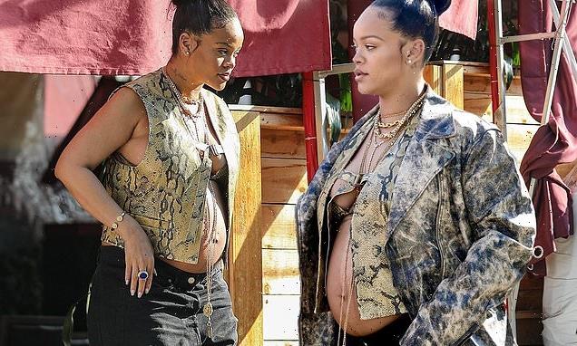 EXCL: Rihanna displays baby bump in a snakeskin bandeau top in LA