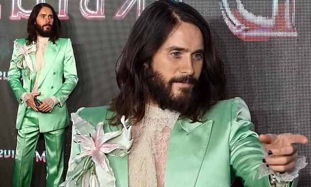 Jared Leto catches the eye in green satin suit at Morbius premiere