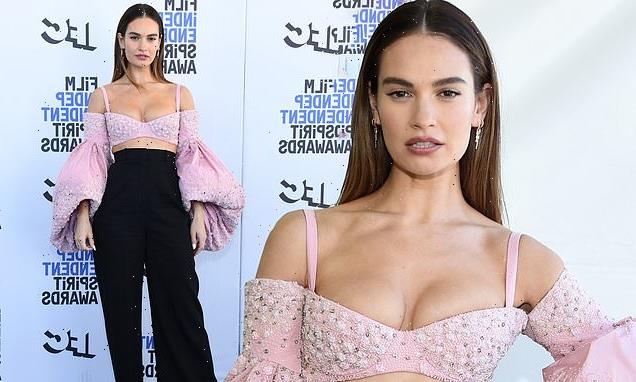 Lily James brings the drama in an elegant bra top with puff sleeves