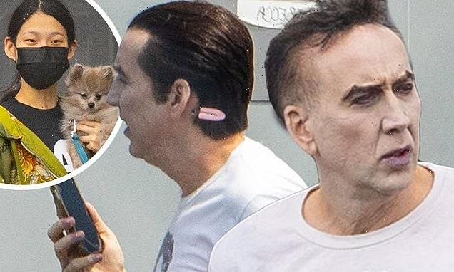 Nicolas Cage is seen with WIG (and pink clip still in) to play Dracula