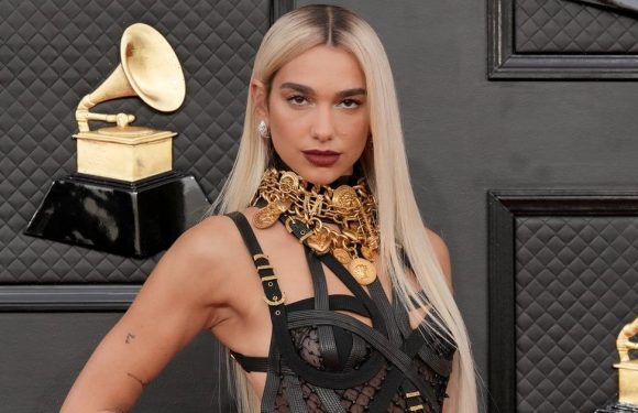 Dua Lipa Styled Those Viral Rose Sandals With a Lace-Up Dress