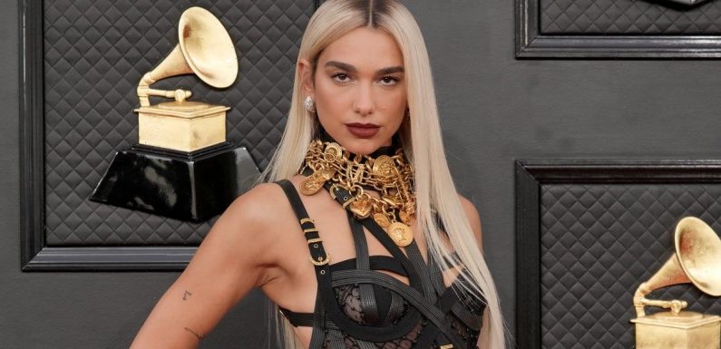 Dua Lipa Styled Those Viral Rose Sandals With a Lace-Up Dress