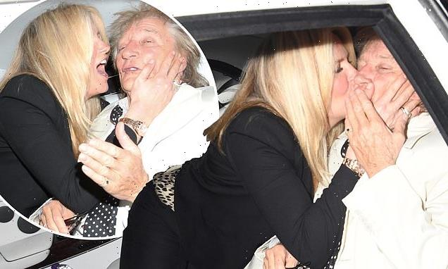 Penny Lancaster, 51, plants a sloppy kiss on husband Rod Stewart, 77