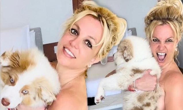 Britney Spears poses completely NAKED as she cuddles fluffy puppy