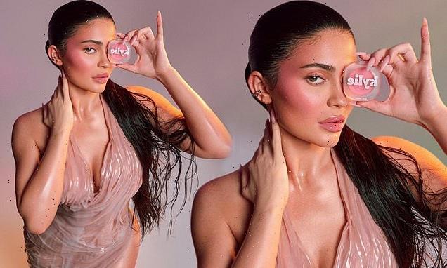 Kylie Jenner poses in a pink dress to promote her lip gloss