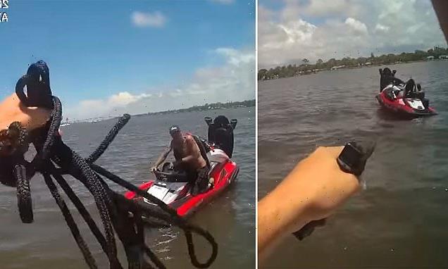 Moment thief who can't swim tried to flee cops on a jet ski