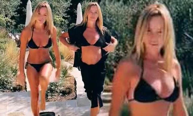 Amanda Holden, 51, STRIPS down to a bikini before diving into a pool