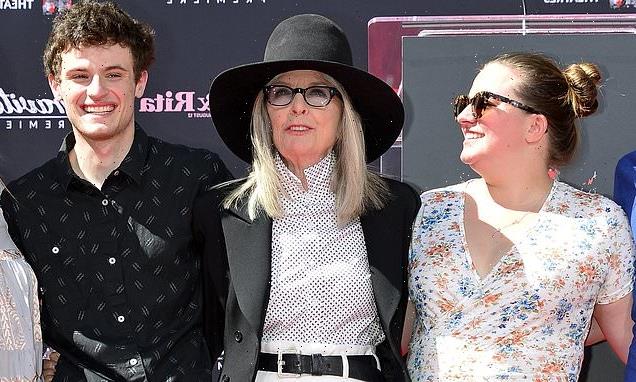 Diane Keaton, 76, with kids at hands and foot prints ceremony